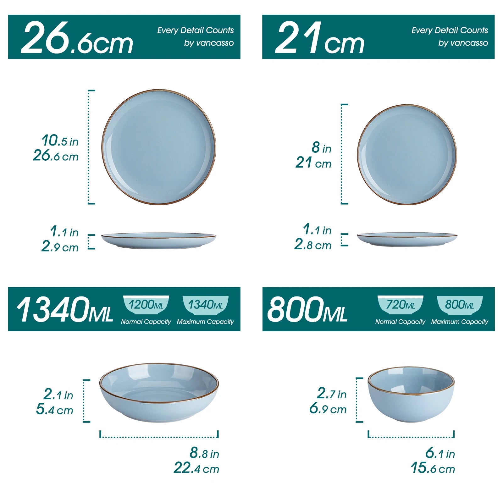 Measurement chart comparing two ceramic plates and bowls with dimensions and capacities.