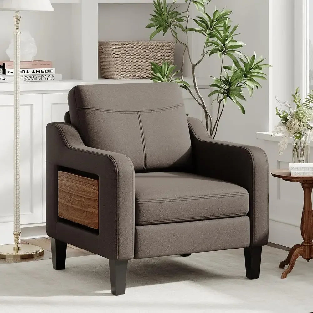 Morrowrest cushioned armchair with folding tray closed against the wood-look side panel