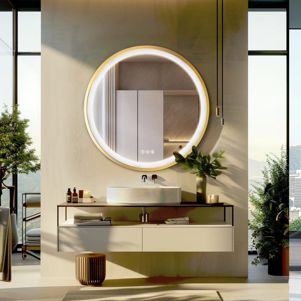 Round LED Bathroom Mirror – Gold Aluminum Frame, Anti-Fog