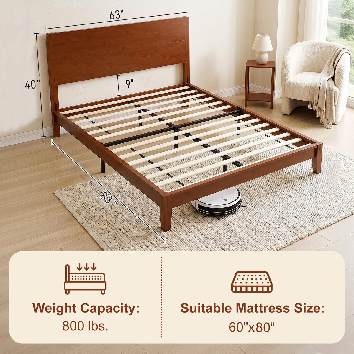 Bambelle queen bed dimension card showing 63-inch width, 83-inch length and a total load limit of 800 lbs
