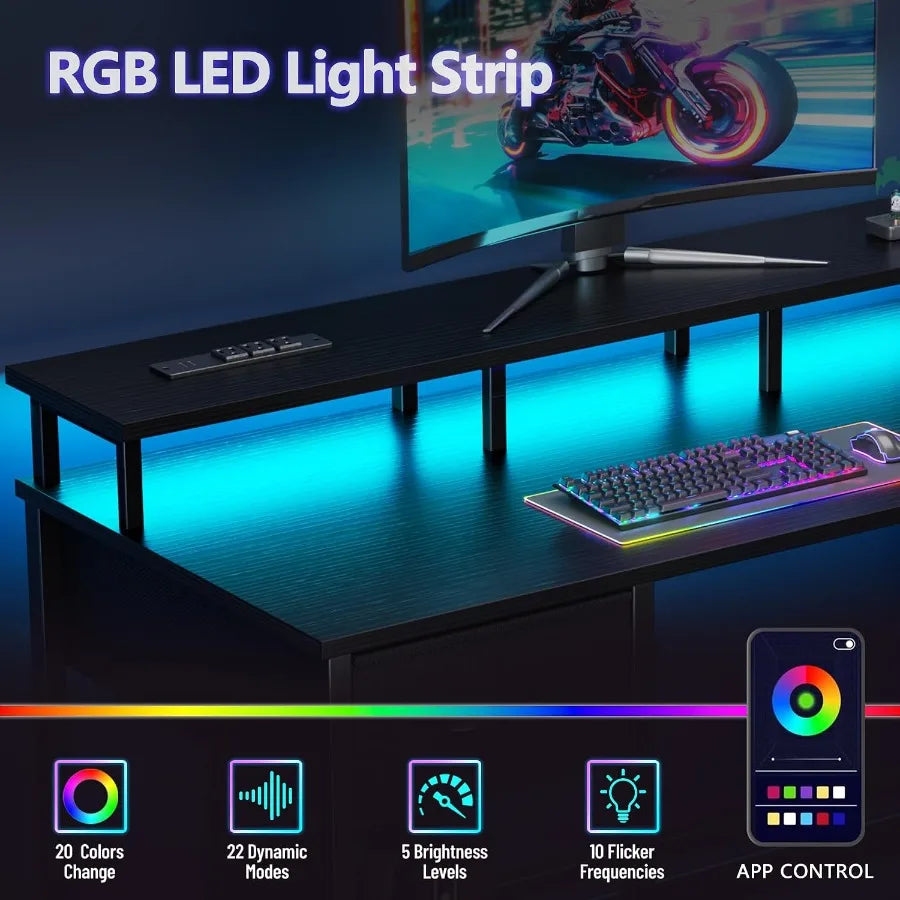 App-controlled light strip shown glowing beneath the monitor shelf