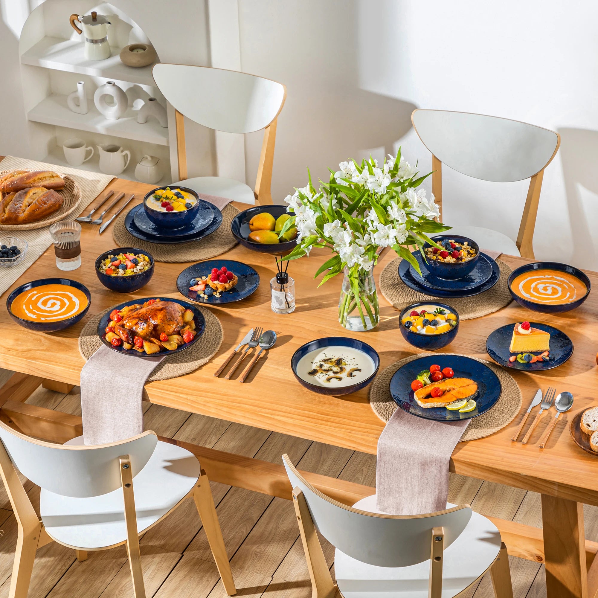 MALACASA Lydia Embossed Blue Stoneware Dinnerware