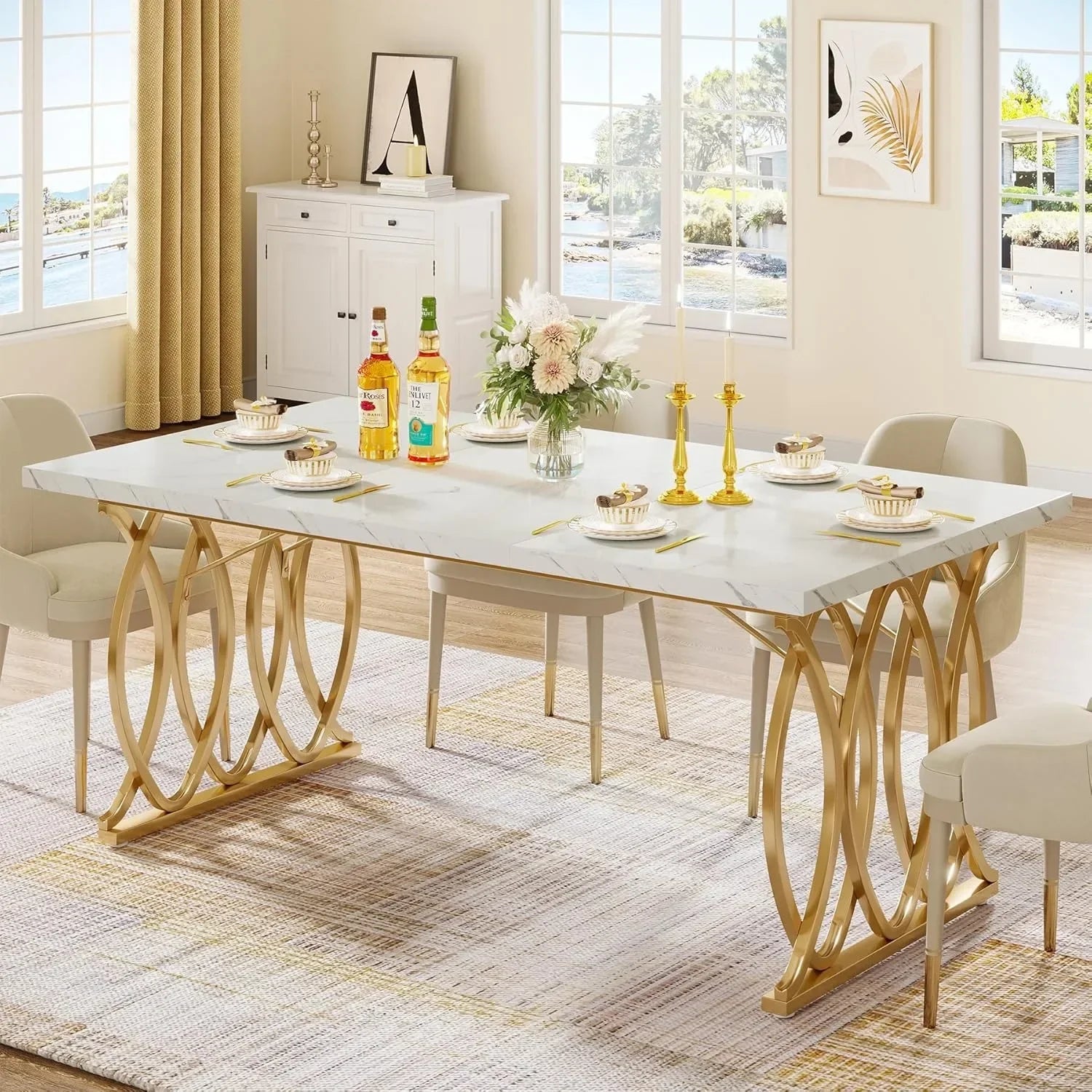 Modern Dining Table with Faux Marble Top