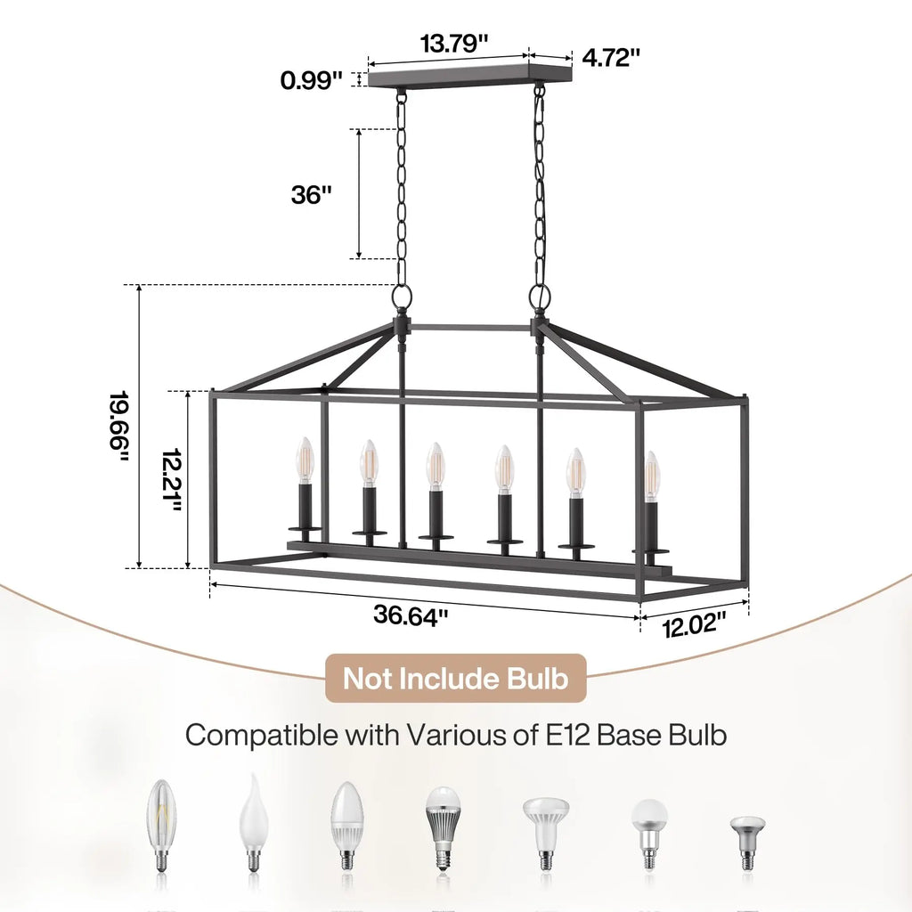 Chandelier with dimensions and bulb compatibility on a white background