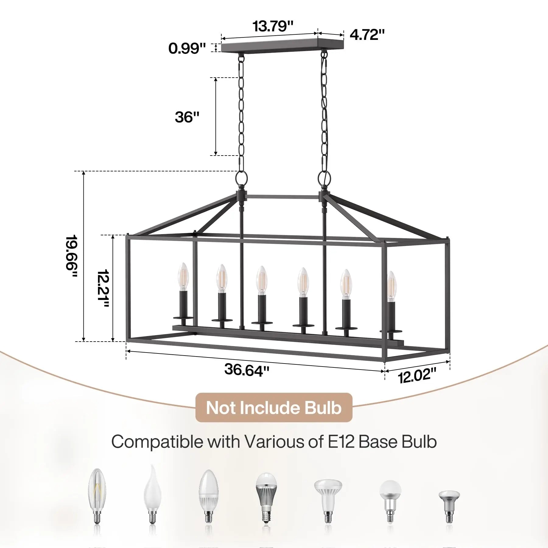 Chandelier with dimensions and bulb compatibility on a white background