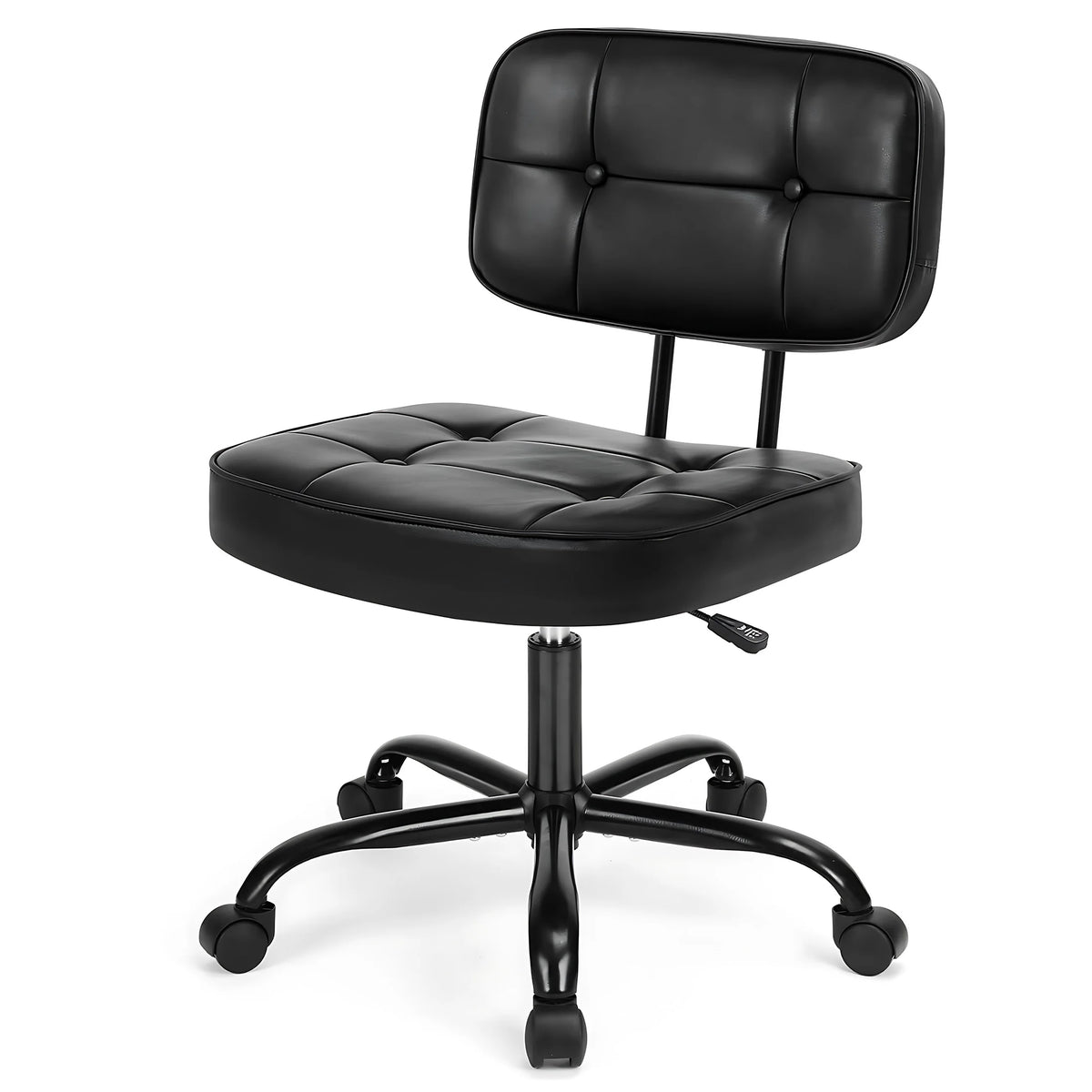 Breezesong black faux-leather armless chair with button-tufted back and seat on a five-caster base