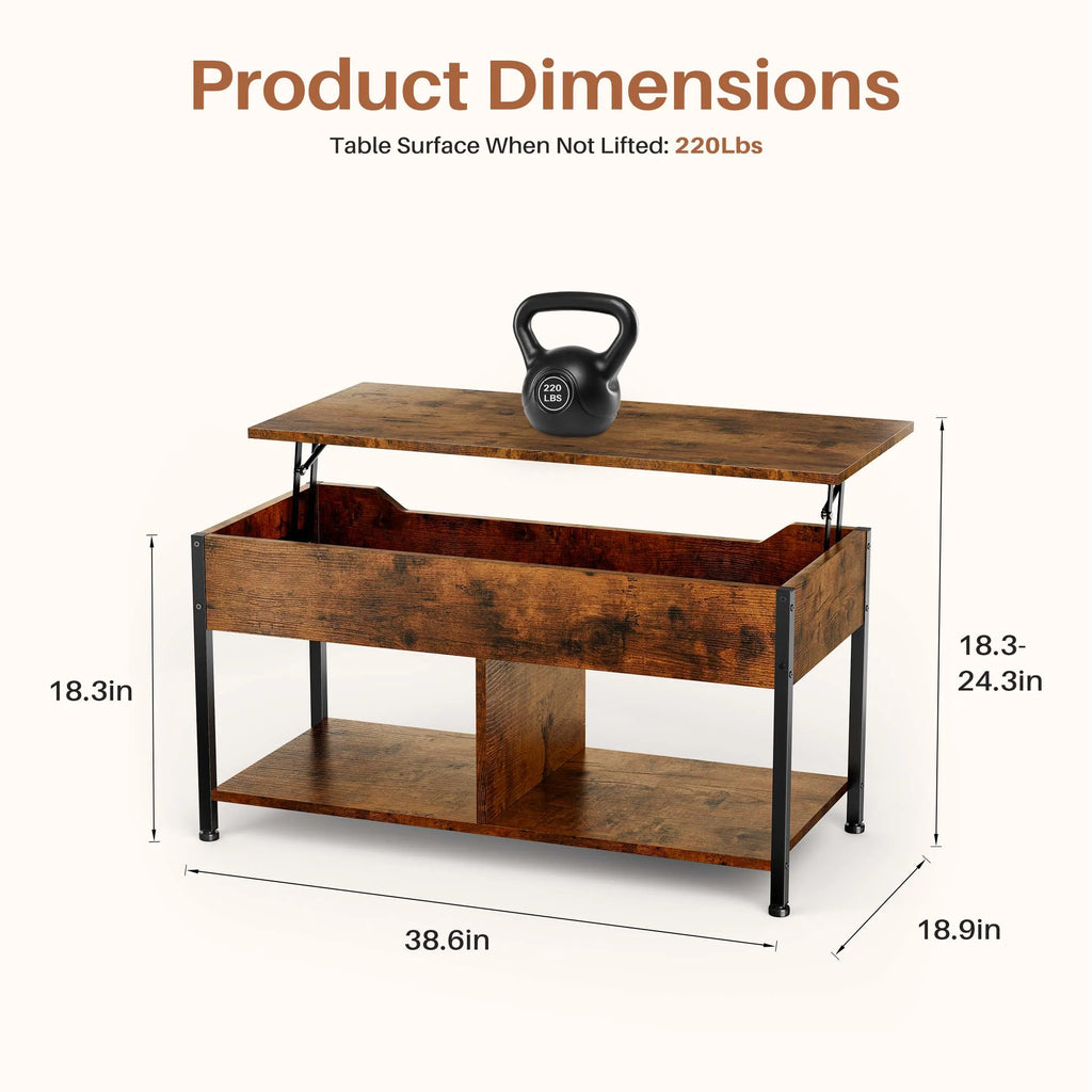 Wooden table with dimensions and a kettlebell on top, showing product dimensions.