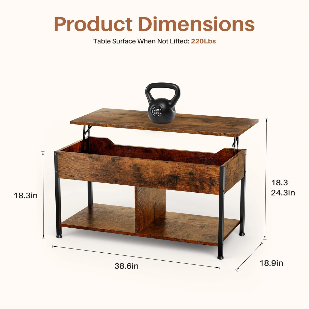 Wooden table with dimensions and a kettlebell on top, showing product dimensions.