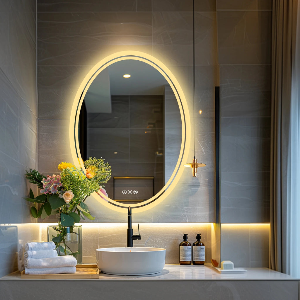 Oval LED Backlit Bathroom Mirror – Anti-Fog, Touch Sensor, Silver Finish
