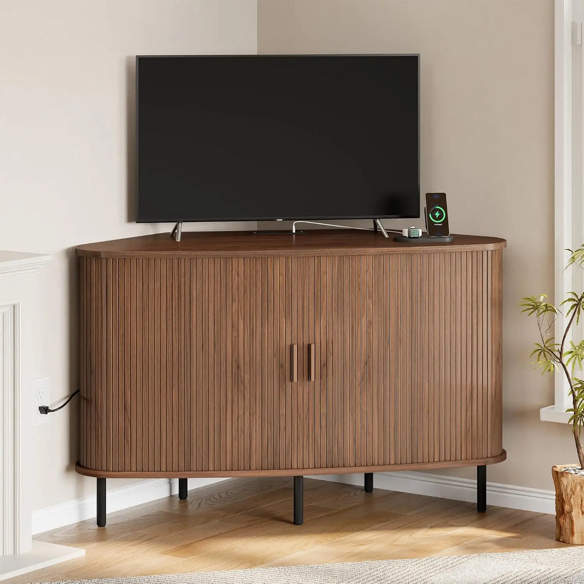 Doveveil TV stand in Dark Brown with closed fluted doors and a television on top.