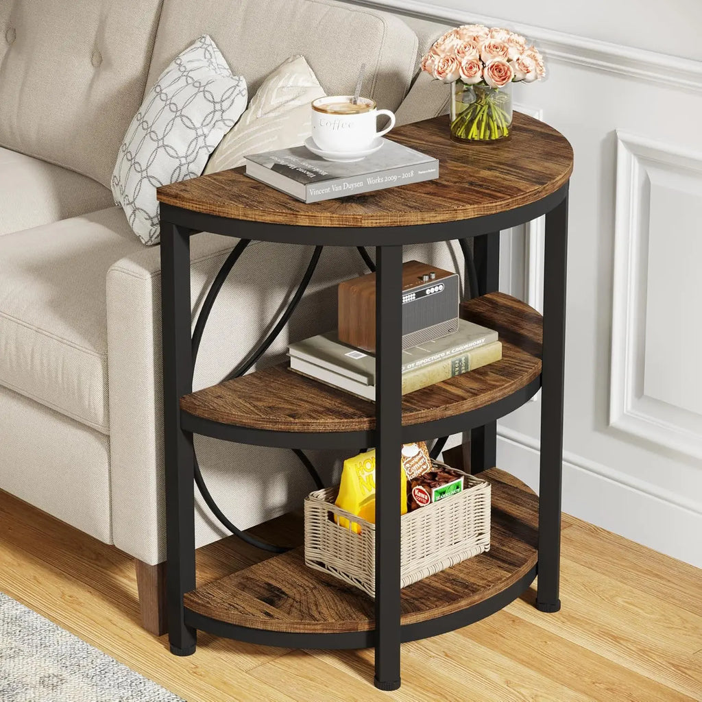 Wooden side table with black metal frame in a living room setting.