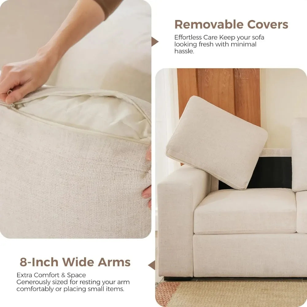 Elarwyn Beige sofa with zippered removable cushion covers and 8-inch-wide arms.