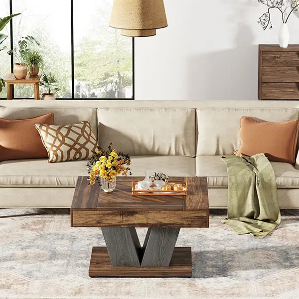 Living room with beige sofa, wooden coffee table, and decorative items.