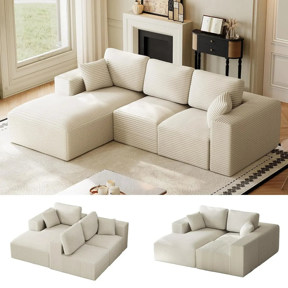 Beige Linvere sectional with chaise on the left when facing the sofa