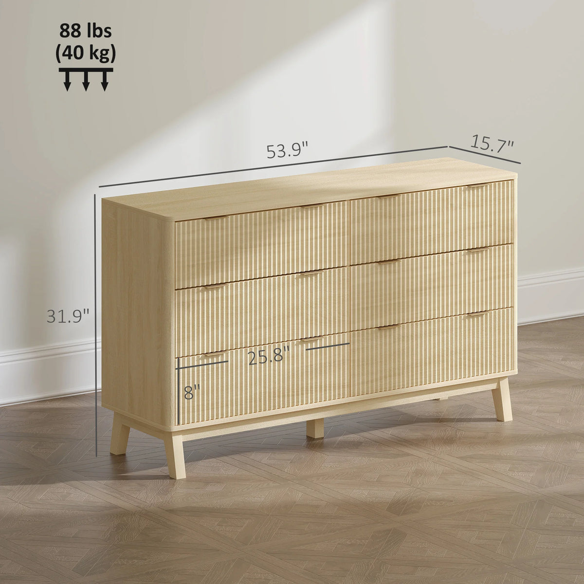 Sunbeamcrest dresser measuring 53.9 inches wide by 15.7 inches deep by 31.9 inches high.