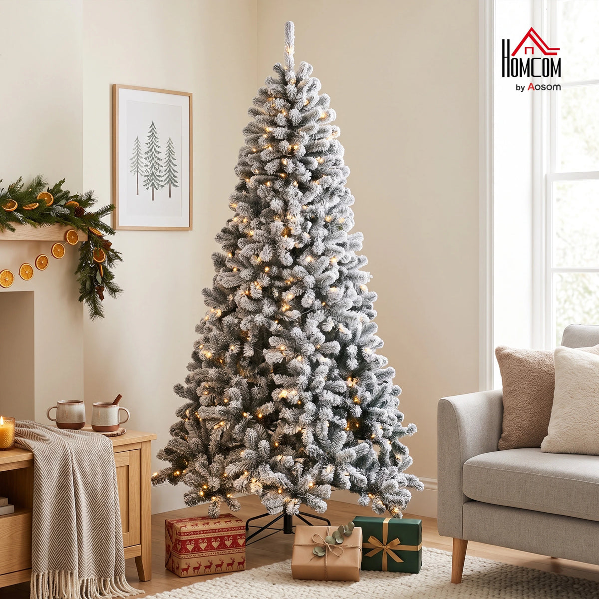 Northpine flocked Northern pine-style Christmas tree in an indoor holiday setting