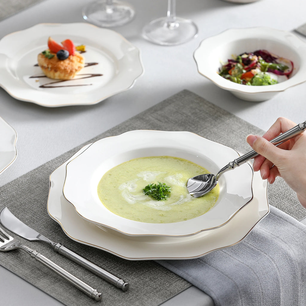 MALACASA LOTUS 16-Piece White Ceramic Dinnerware Set with Gold Rim