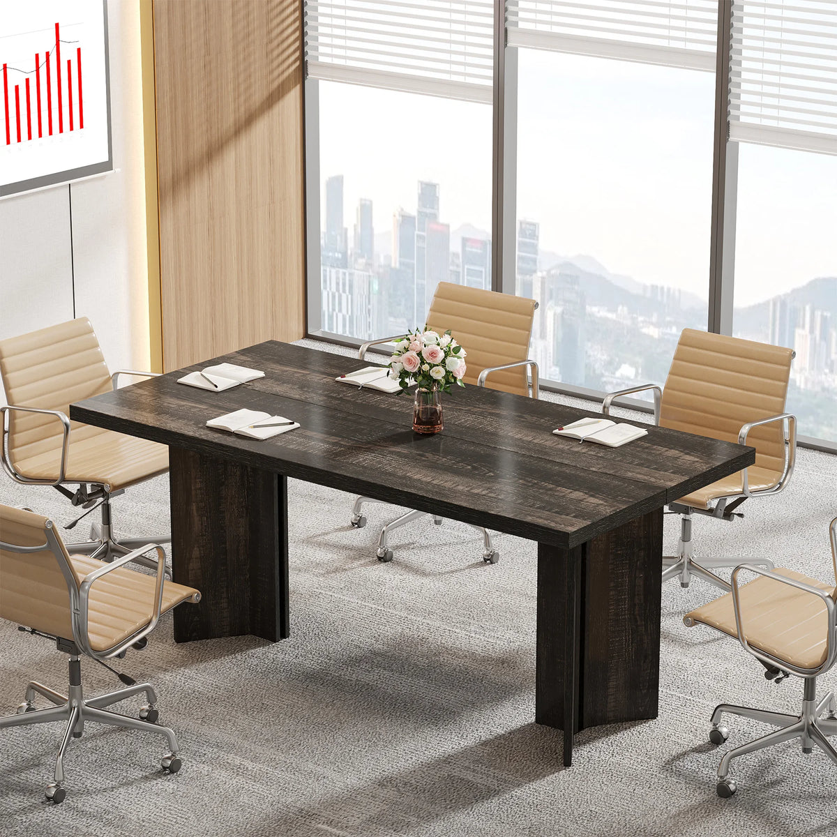 Meadownote dark-gray rectangular meeting table styled with six light-tone conference chairs