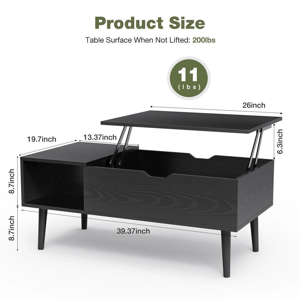 Black lift-top coffee table with dimensions and weight capacity displayed.