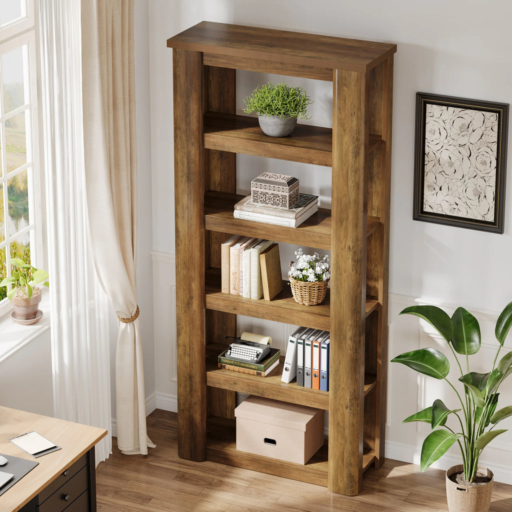 Angled view of the Marigoldecho wood-grain bookcase with books and decor