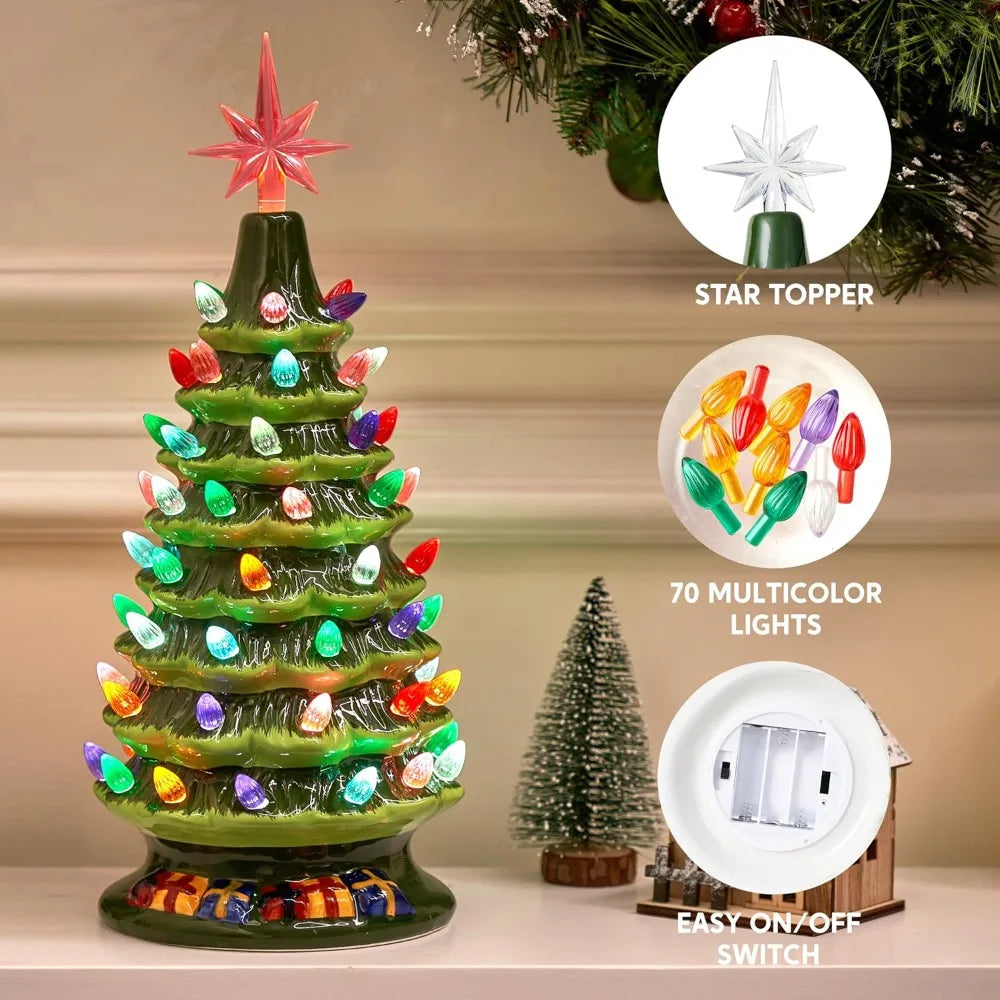 Merryglaze tree details showing 70 multicolor bulb accents, the star topper and on-off switch.