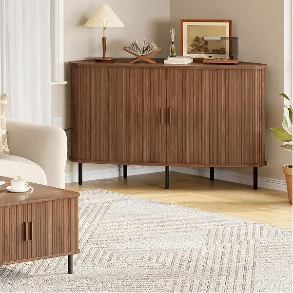 Doveveil TV stand in Dark Brown beside coordinated living room furniture.