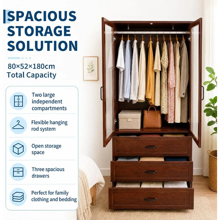 Hanging area and three drawers shown with clothing and accessories