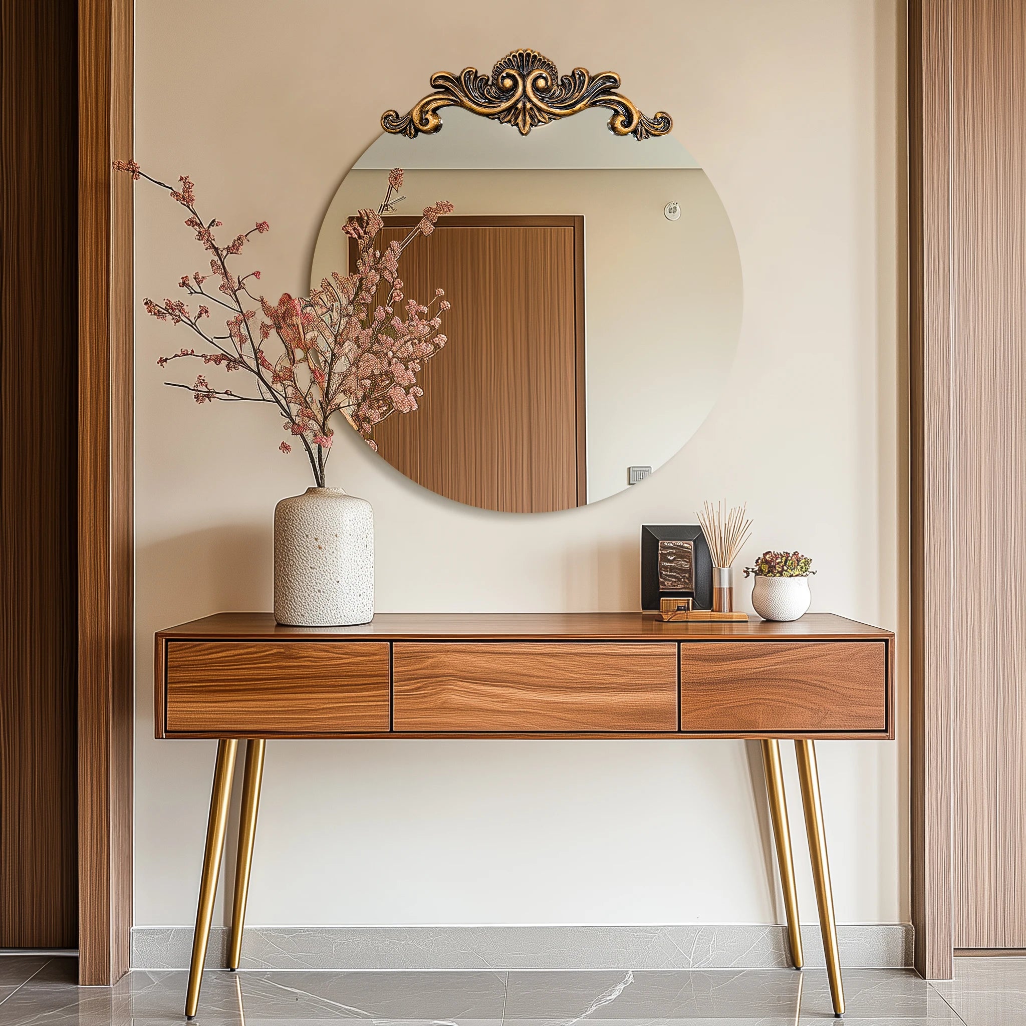 Oval & Round Baroque Wall Mirror with Ornate Crest