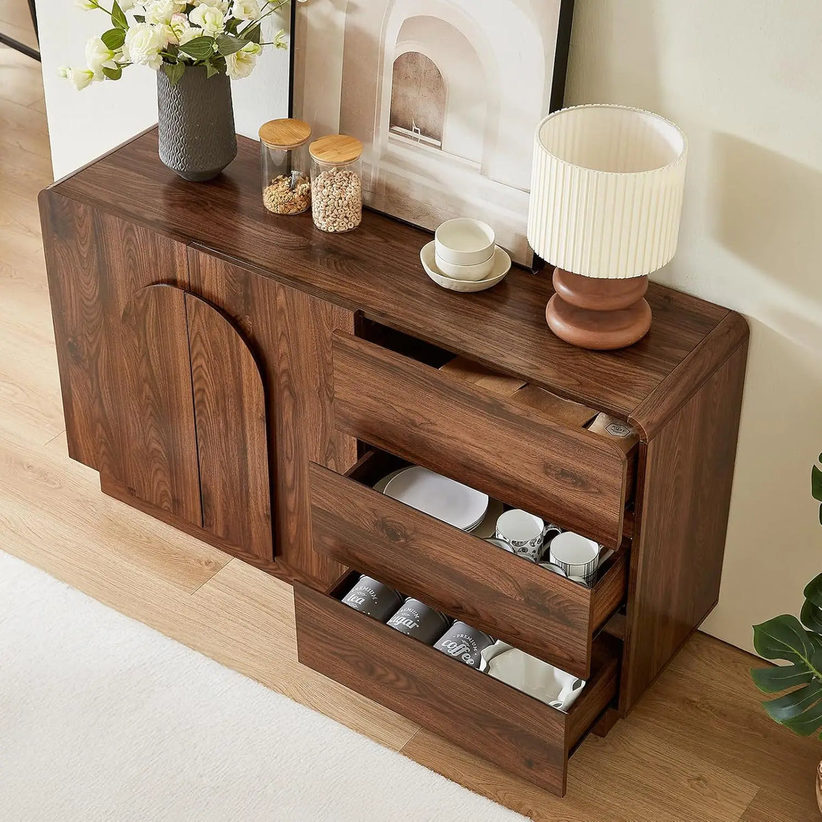 Pearlrise curved cabinet and storage details