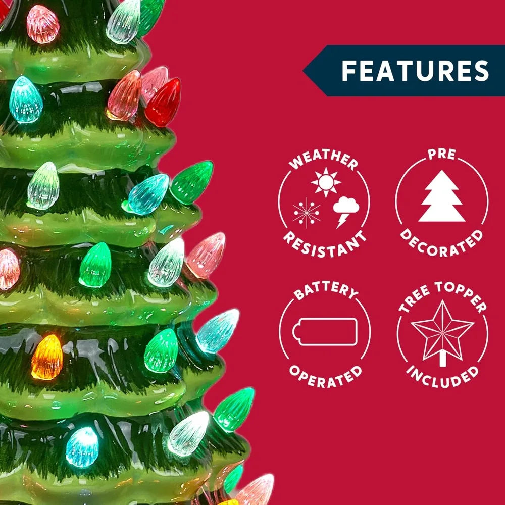 Merryglaze ceramic tree close-up and feature panels showing battery power and decorative star topper.