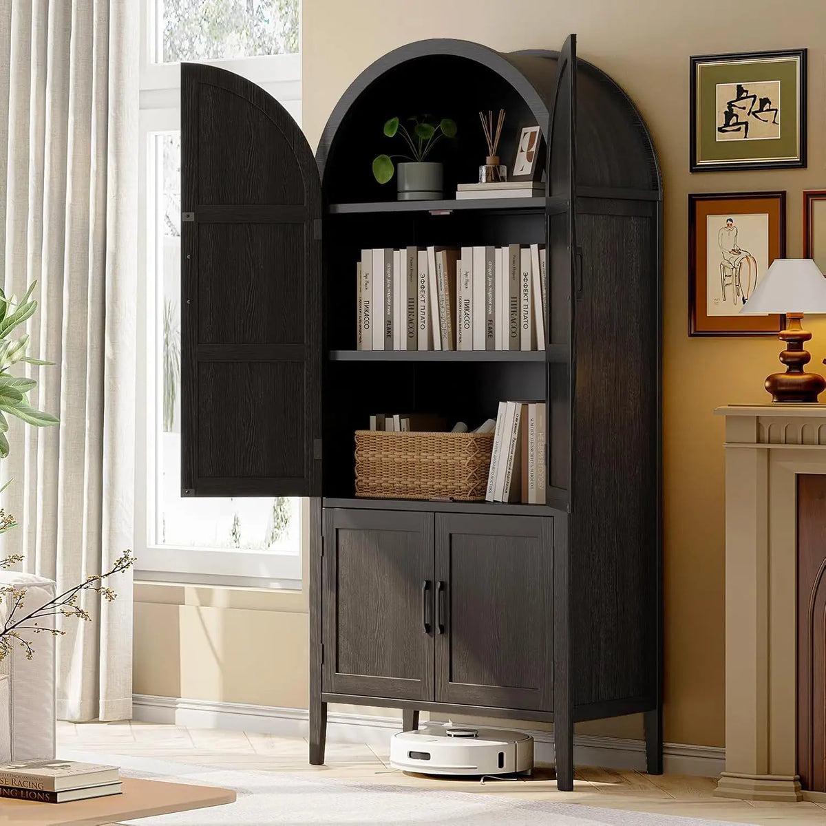 Serenadesong black cabinet with open upper doors and books on three storage levels