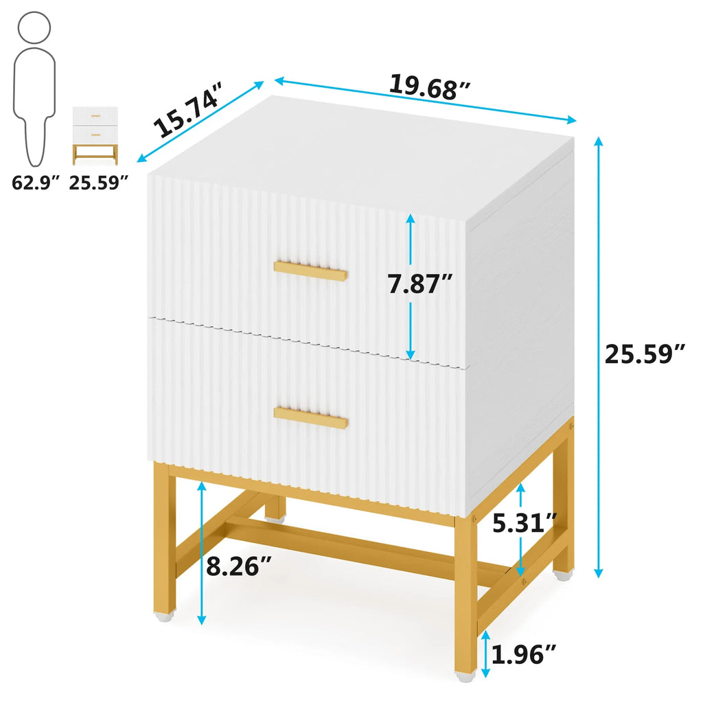 White nightstand with wooden legs and dimensions labeled on a white background