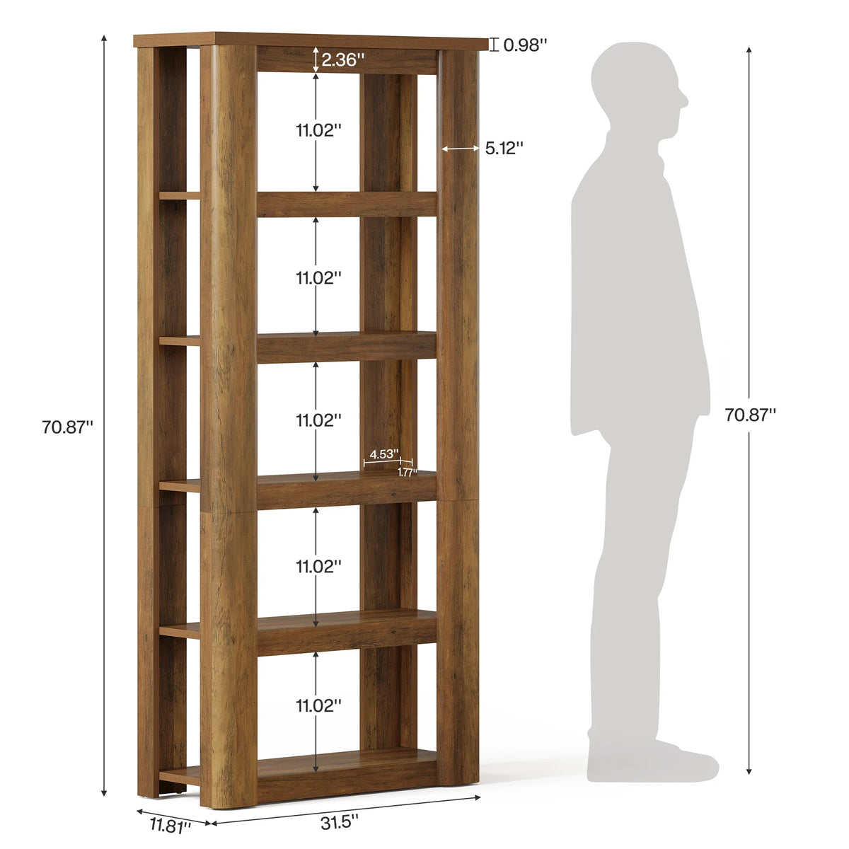 Marigoldecho dimension diagram with overall size, shelf gaps and support references