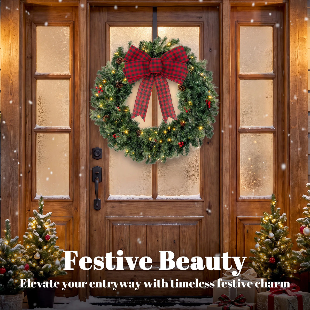 Berrivale Christmas wreath hanging on a decorated entry door