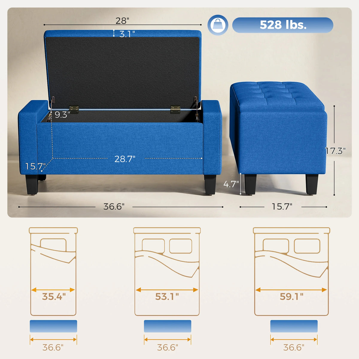 Blue storage ottoman with dimensions and weight capacity displayed