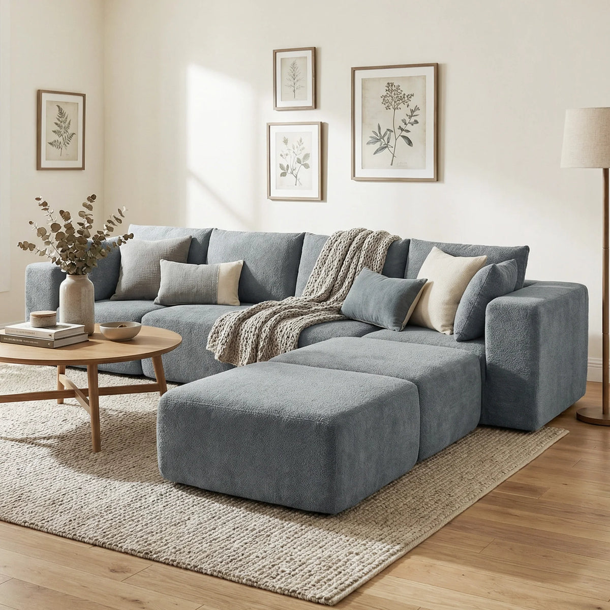 Dark gray Valegrove sectional with an ottoman and decorative cushions in a living room