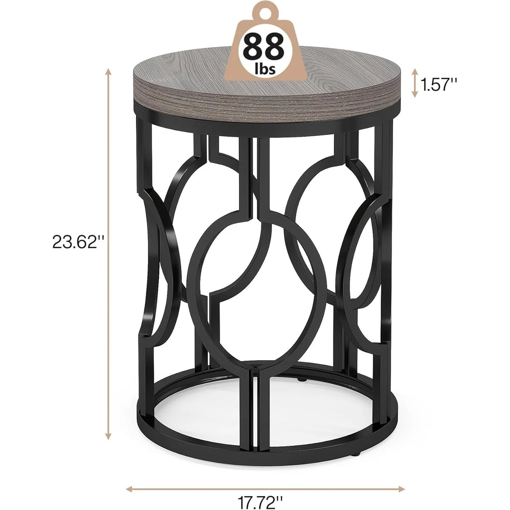 Round side table with black metal frame and wooden top, showing measurements and weight.
