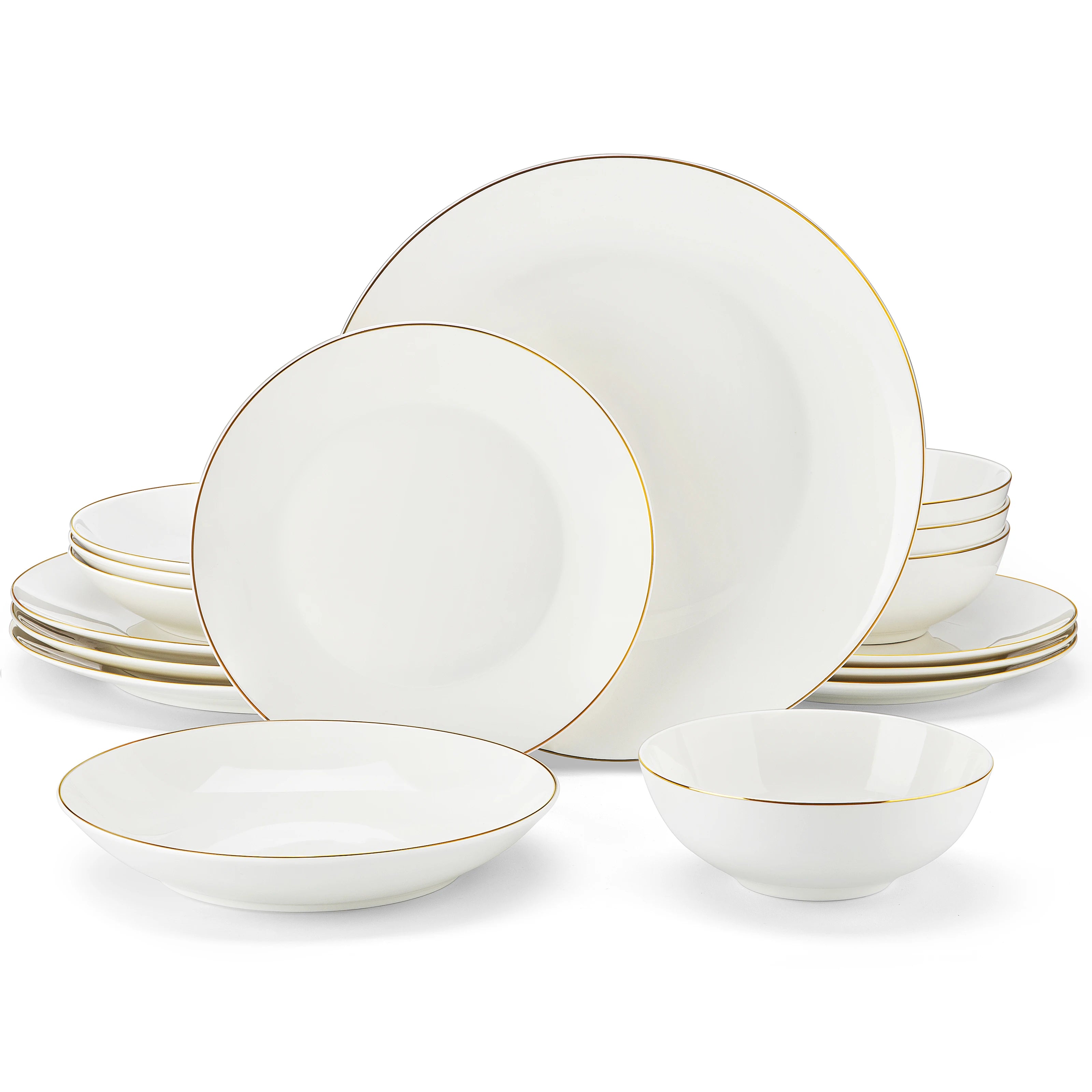 MALACASA Jera Gold Trim - Round Bone China Dinnerware Set - 16 or 32 Pieces