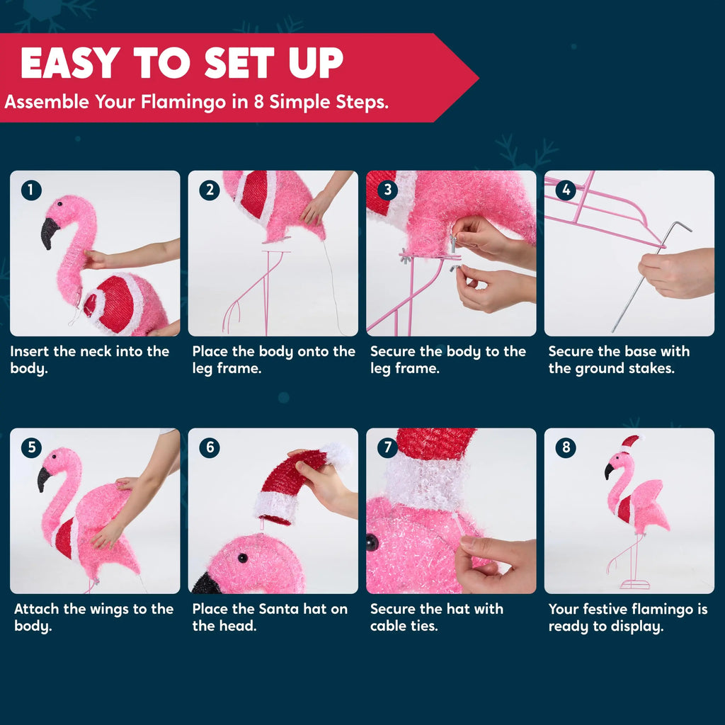 Rosalume eight illustrated steps for assembling the flamingo and securing its base with stakes and hat with cable ties