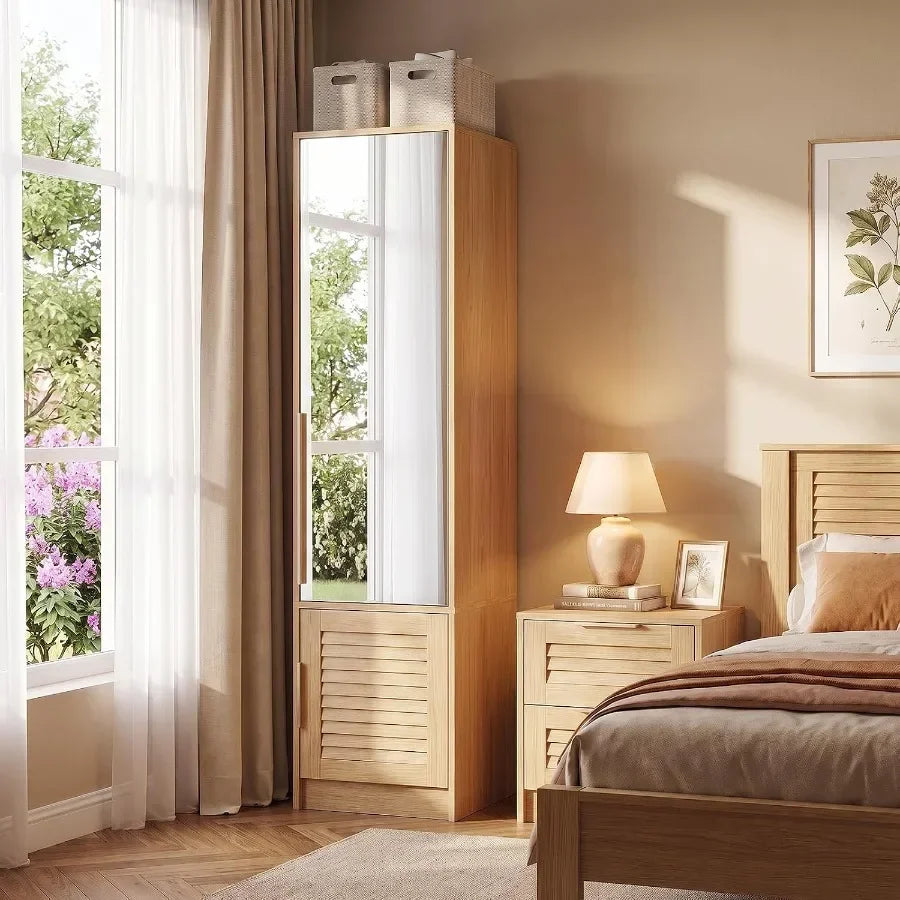 Light-brown wood-grain armoire with mirror and lower storage compartment