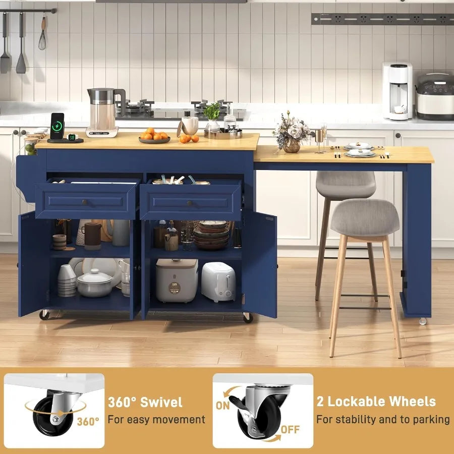 Open island cabinets and drawers with swivel and locking caster details