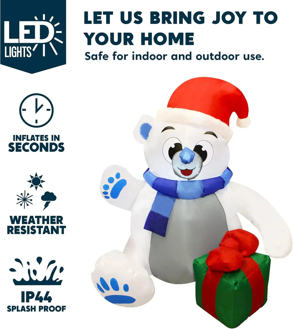 Giftpaw polar bear and attached present with lighting and setup feature callouts.