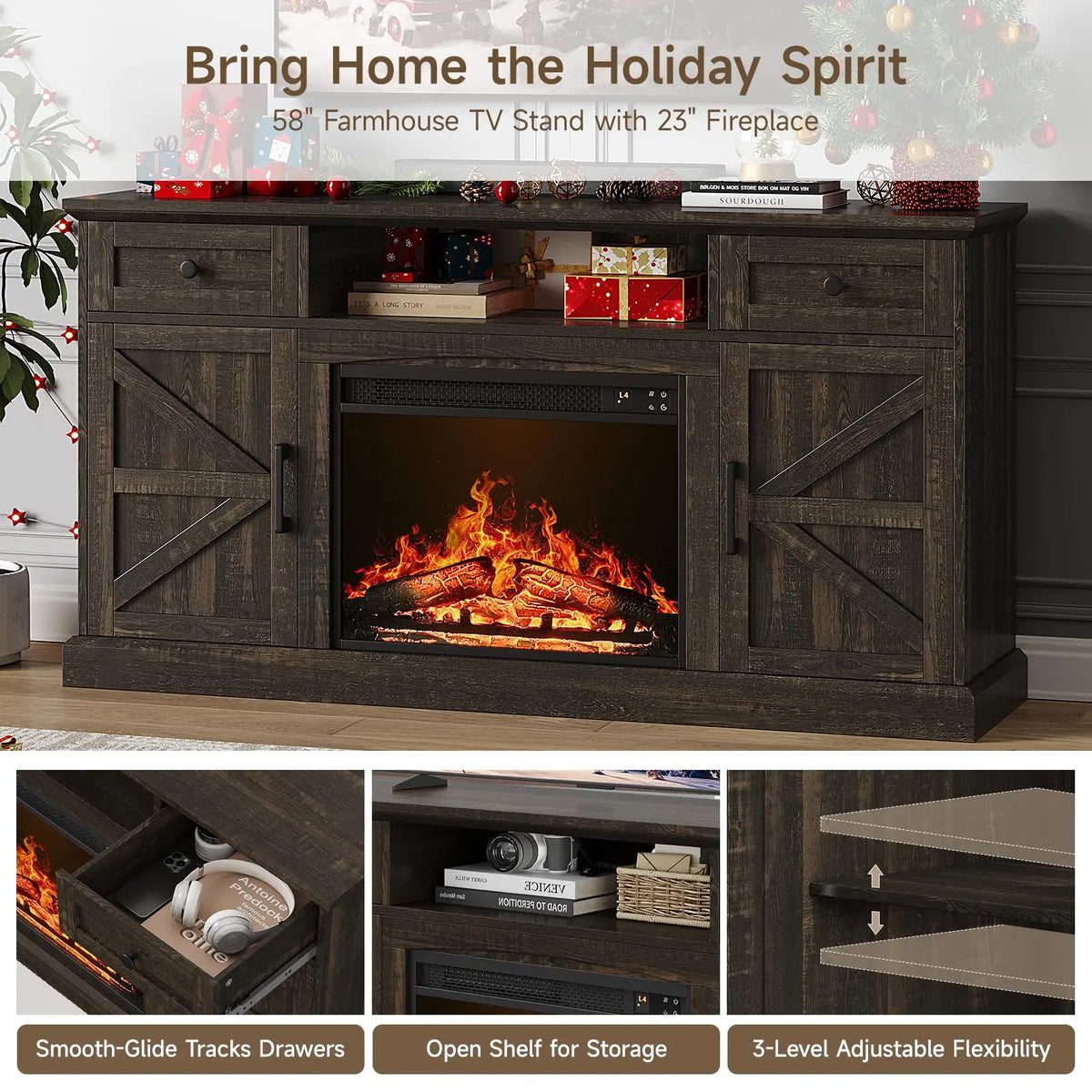 Feature graphic showing smooth-glide drawers, an open shelf and three-level adjustable shelves beside the fireplace.