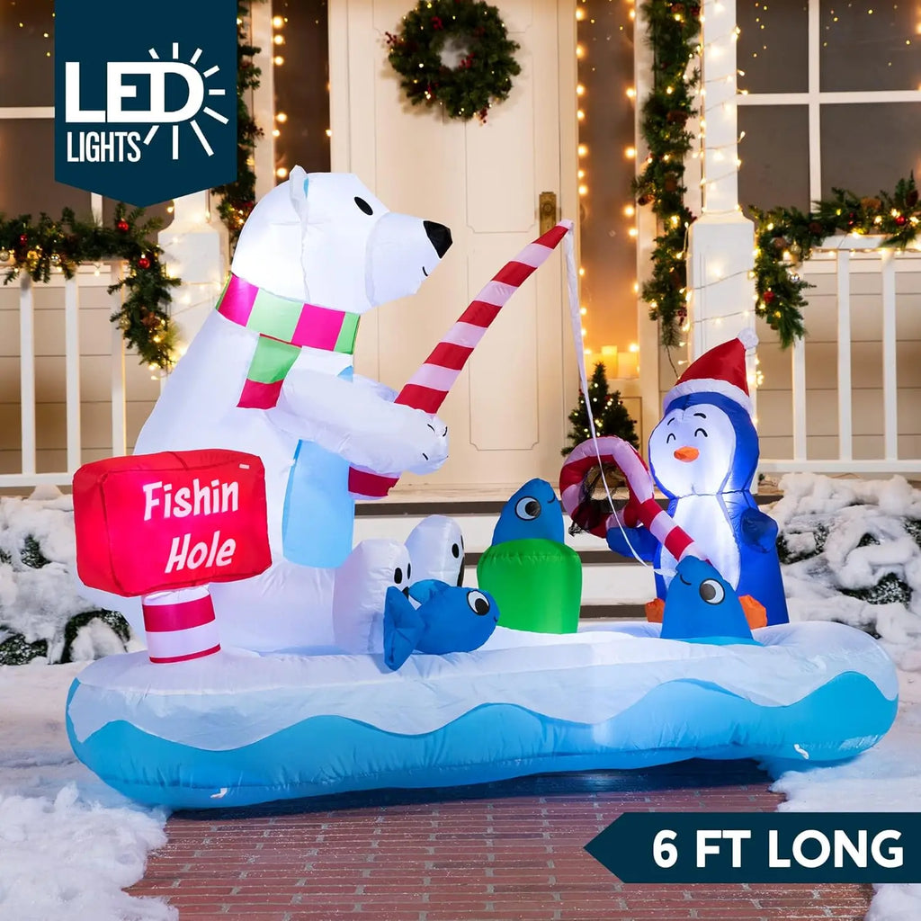 Frostfin Christmas ice-fishing inflatable illuminated near a porch at night.