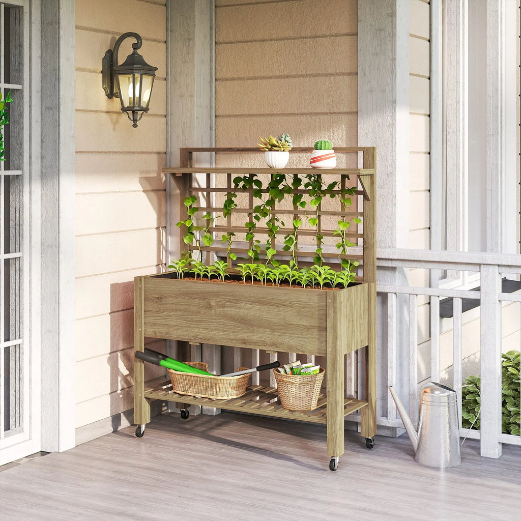 Briarwheel raised wooden planter with rear trellis, top display shelf and lower shelf on a porch