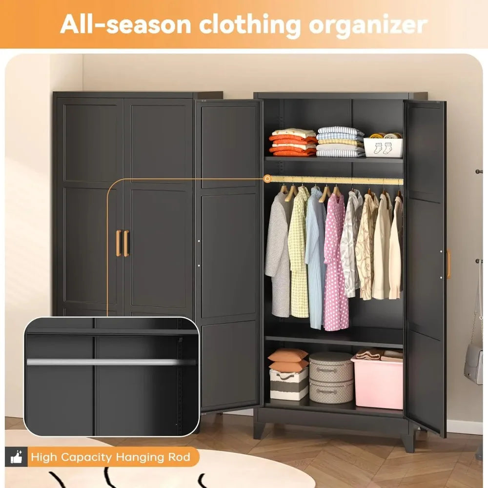 Black Harvelle wardrobe with clothing and top and bottom shelves