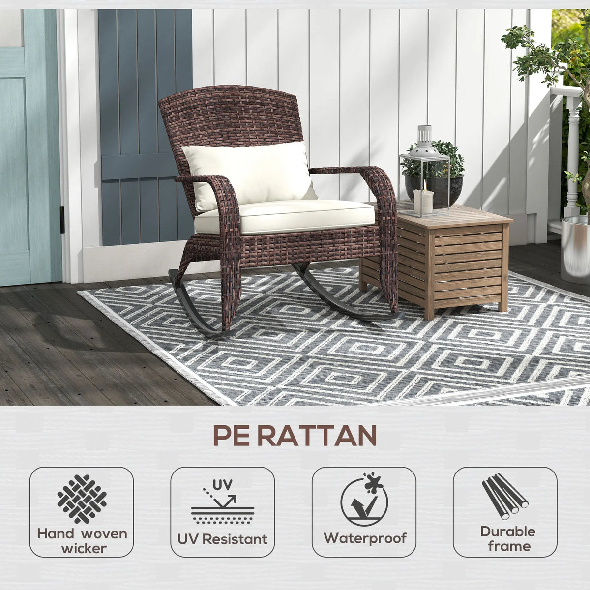 PE-rattan feature graphic showing the brown rocking chair on a porch with material and weather-resistance icons.