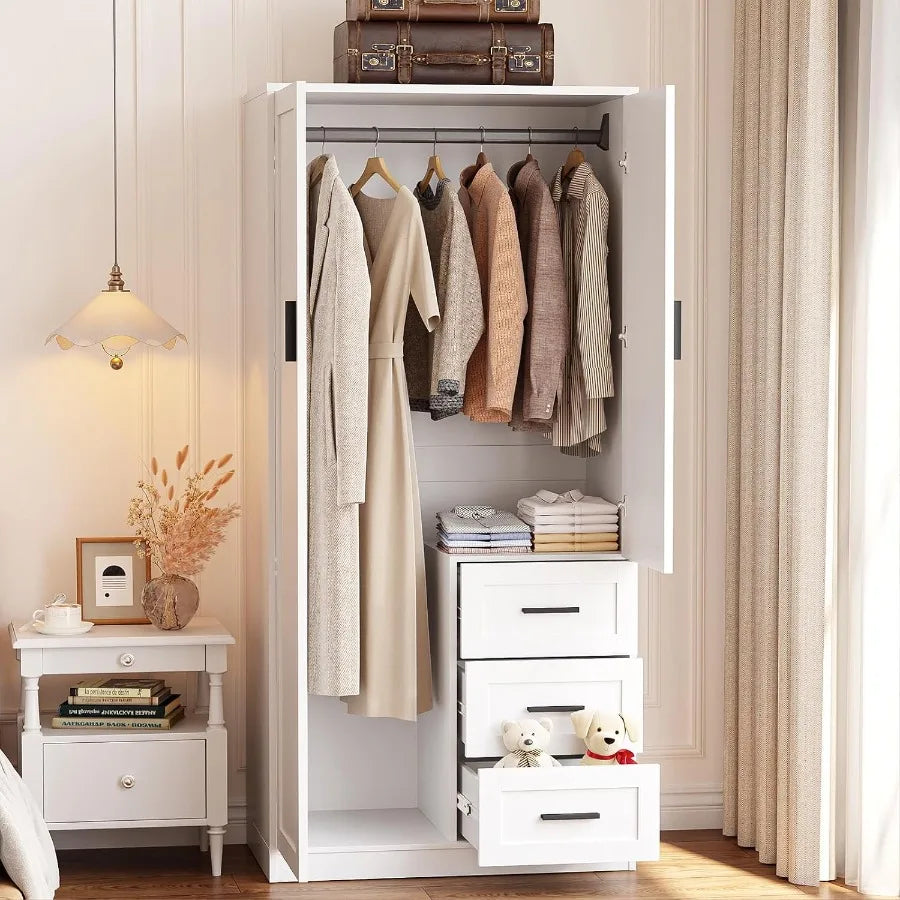 Open white wardrobe with a full-width hanging rod, tall left storage space, and three drawers on the lower right.