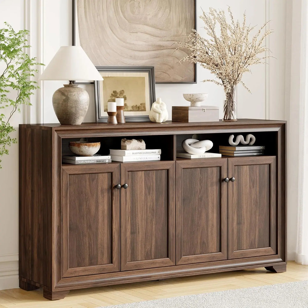 Bramblenote walnut-look sideboard with four framed doors and two open upper cubbies.