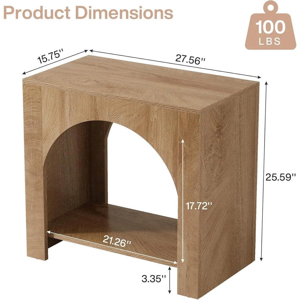 Wooden side table with dimensions and weight capacity label on a white background